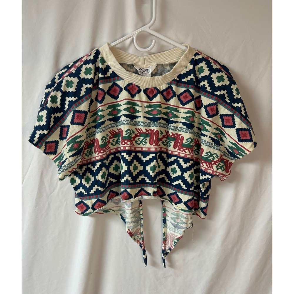 Vintage Roper Southwestern Aztec Crop Top Large Geometric Tie Front Made in USA